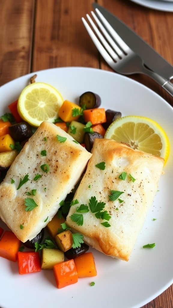 Oven-baked haddock fillets garnished with parsley and lemon, served with roasted vegetables on a rustic table.